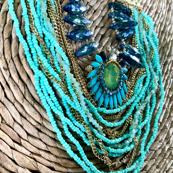 Bold Statement Necklace Multi Strand DRAMATIC VINTAGE 1980s TURQUOISE BLUES NWOT - Picture 7 of 15